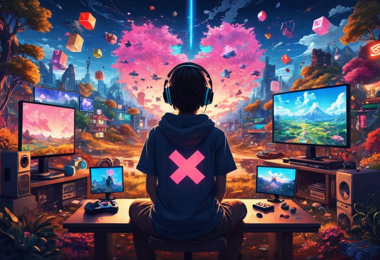A vibrant scene depicting a gamer immersed in a colorful anime world, surrounded by pixelated characters and landscapes that blend real and digital elements. The background features iconic anime symbols, game controllers, and fragments of retro pixel art merging into a contemporary art style. Add a glowing heart symbol to represent passion and connection. The composition should convey joy and creativity. colorful, super-realistic, dynamic lighting.