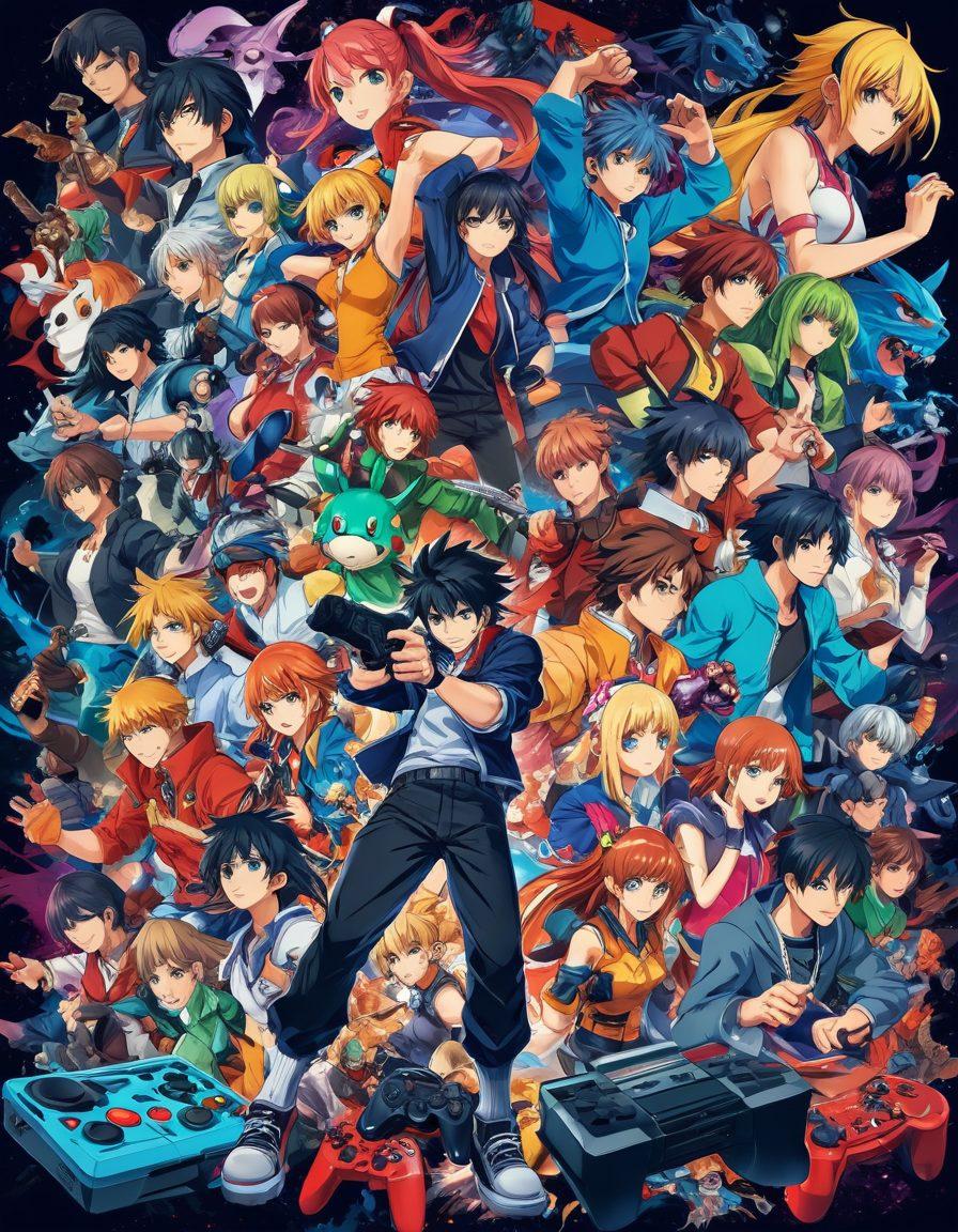 A colorful collage of iconic anime characters from various genres, each engaged in different gaming scenarios, with a vibrant gaming console and controller at the forefront. Include dynamic action poses, unique game worlds in the background, and a backdrop that represents anime fandom, like posters and figurines. The scene should evoke excitement and passion for both anime and gaming. anime style. high contrast. vibrant colors. 3D.