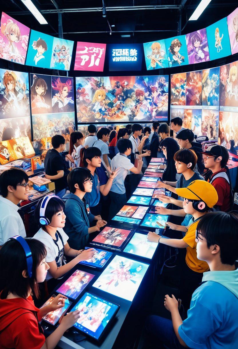 A vibrant scene showcasing a diverse group of anime fans engaged in interactive entertainment, surrounded by vivid, oversized anime character cutouts and colorful merchandise. Include elements like VR headsets, gaming consoles, and an array of anime posters in the background to reflect the otaku culture. The atmosphere is energetic and inviting, with animated expressions on the fans' faces. super-realistic. vibrant colors.